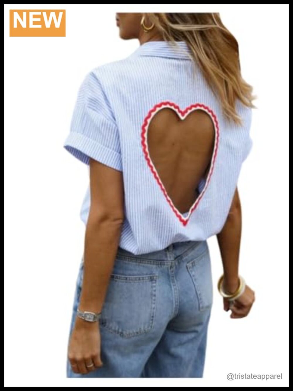 Women's Striped Button Down Blouse Collar Neck Short Sleeve Cutout